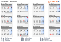 Kalender 1911 mit Ferien und Feiertagen Deutschland