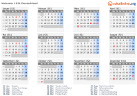 Kalender 1921 mit Ferien und Feiertagen Deutschland