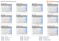 Kalender 1923 mit Ferien und Feiertagen Deutschland