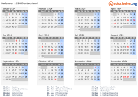 Kalender 1924 mit Ferien und Feiertagen Deutschland