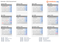 Kalender 1926 mit Ferien und Feiertagen Deutschland