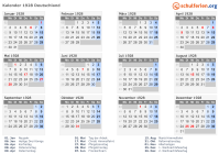 Kalender 1928 mit Ferien und Feiertagen Deutschland
