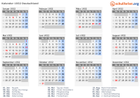 Kalender 1932 mit Ferien und Feiertagen Deutschland
