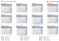 Kalender 1933 mit Ferien und Feiertagen Deutschland