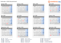 Kalender 1938 mit Ferien und Feiertagen Deutschland