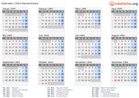 Kalender 1944 mit Ferien und Feiertagen Deutschland