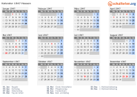 Kalender 1947 mit Ferien und Feiertagen Hessen