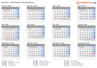 Kalender 1948 mit Ferien und Feiertagen Baden-Württemberg