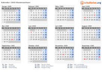 Kalender 1949 mit Ferien und Feiertagen Niedersachsen