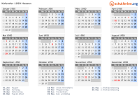Kalender 1950 mit Ferien und Feiertagen Hessen