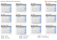 Kalender 1950 mit Ferien und Feiertagen Nordrhein-Westfalen