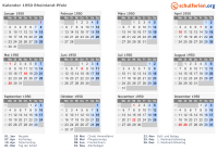Kalender 1950 mit Ferien und Feiertagen Rheinland-Pfalz