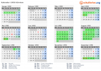 Kalender 1950 mit Ferien und Feiertagen Kärnten