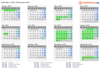 Kalender 1951 mit Ferien und Feiertagen Oberösterreich