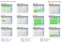 Kalender 1951 mit Ferien und Feiertagen Vorarlberg