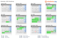 Kalender 1952 mit Ferien und Feiertagen Hamburg