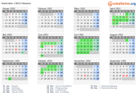 Kalender 1952 mit Ferien und Feiertagen Hessen
