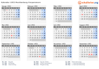 Kalender 1952 mit Ferien und Feiertagen Mecklenburg-Vorpommern