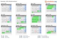 Kalender 1952 mit Ferien und Feiertagen Niedersachsen