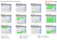 Kalender 1952 mit Ferien und Feiertagen Nordrhein-Westfalen
