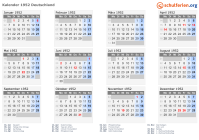 Kalender 1952 mit Ferien und Feiertagen Deutschland