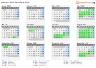 Kalender 1952 mit Ferien und Feiertagen Rheinland-Pfalz