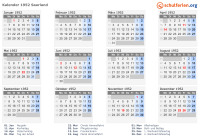 Kalender 1952 mit Ferien und Feiertagen Saarland