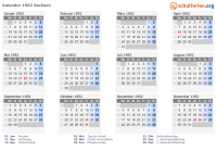 Kalender 1952 mit Ferien und Feiertagen Sachsen