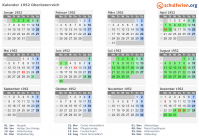 Kalender 1952 mit Ferien und Feiertagen Oberösterreich