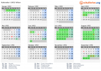 Kalender 1952 mit Ferien und Feiertagen Wien