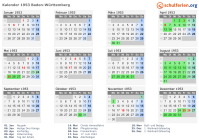 Kalender 1953 mit Ferien und Feiertagen Baden-Württemberg