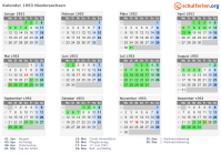 Kalender 1953 mit Ferien und Feiertagen Niedersachsen