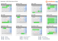 Kalender 1953 mit Ferien und Feiertagen Rheinland-Pfalz