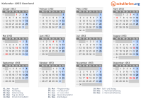 Kalender 1953 mit Ferien und Feiertagen Saarland