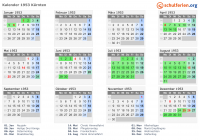 Kalender 1953 mit Ferien und Feiertagen Kärnten
