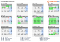 Kalender 1953 mit Ferien und Feiertagen Salzburg
