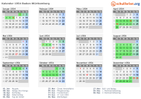 Kalender 1954 mit Ferien und Feiertagen Baden-Württemberg