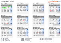 Kalender 1954 mit Ferien und Feiertagen Bremen