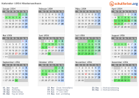 Kalender 1954 mit Ferien und Feiertagen Niedersachsen