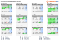 Kalender 1954 mit Ferien und Feiertagen Nordrhein-Westfalen