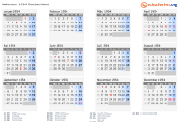 Kalender 1954 mit Ferien und Feiertagen Deutschland