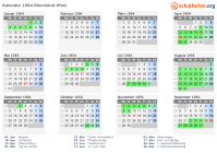 Kalender 1954 mit Ferien und Feiertagen Rheinland-Pfalz