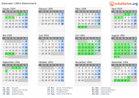Kalender 1954 mit Ferien und Feiertagen Steiermark