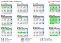 Kalender 1955 mit Ferien und Feiertagen Baden-Württemberg