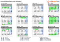 Kalender 1955 mit Ferien und Feiertagen Nordrhein-Westfalen