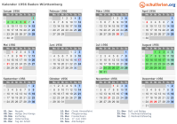 Kalender 1956 mit Ferien und Feiertagen Baden-Württemberg