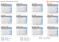 Kalender 1956 mit Ferien und Feiertagen Sachsen-Anhalt