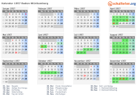 Kalender 1957 mit Ferien und Feiertagen Baden-Württemberg