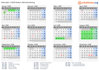 Kalender 1958 mit Ferien und Feiertagen Baden-Württemberg