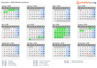 Kalender 1958 mit Ferien und Feiertagen Niedersachsen